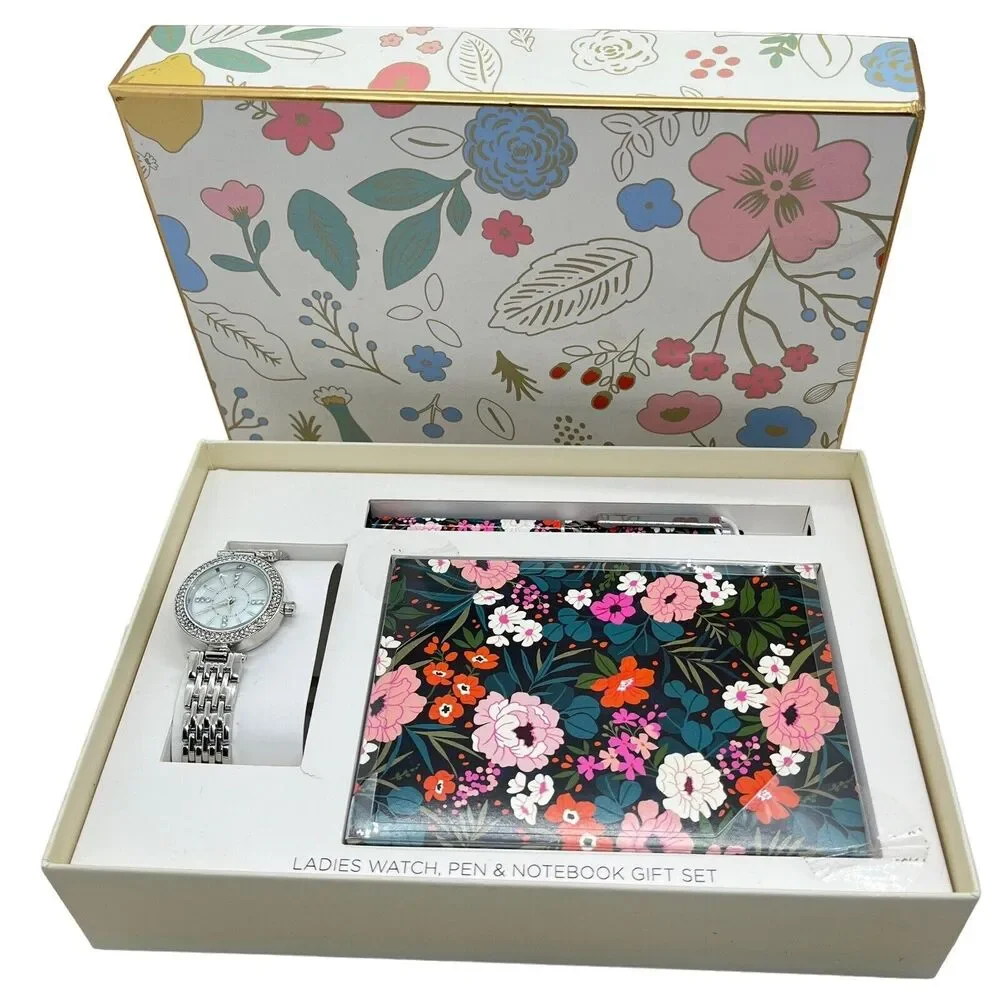 Gift Set Watch Notebook Pen Floral Women In Box Untested Pink Green Silver Tone